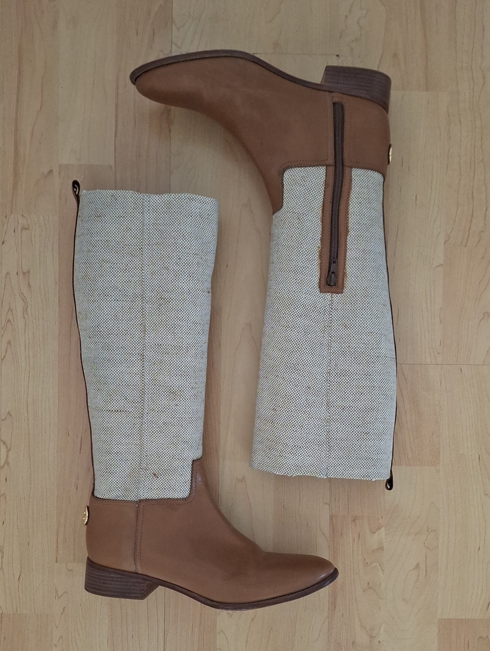 Tory Burch Knee-High Two-Tone Riding Boots in Brown Leather & Cream Tweed